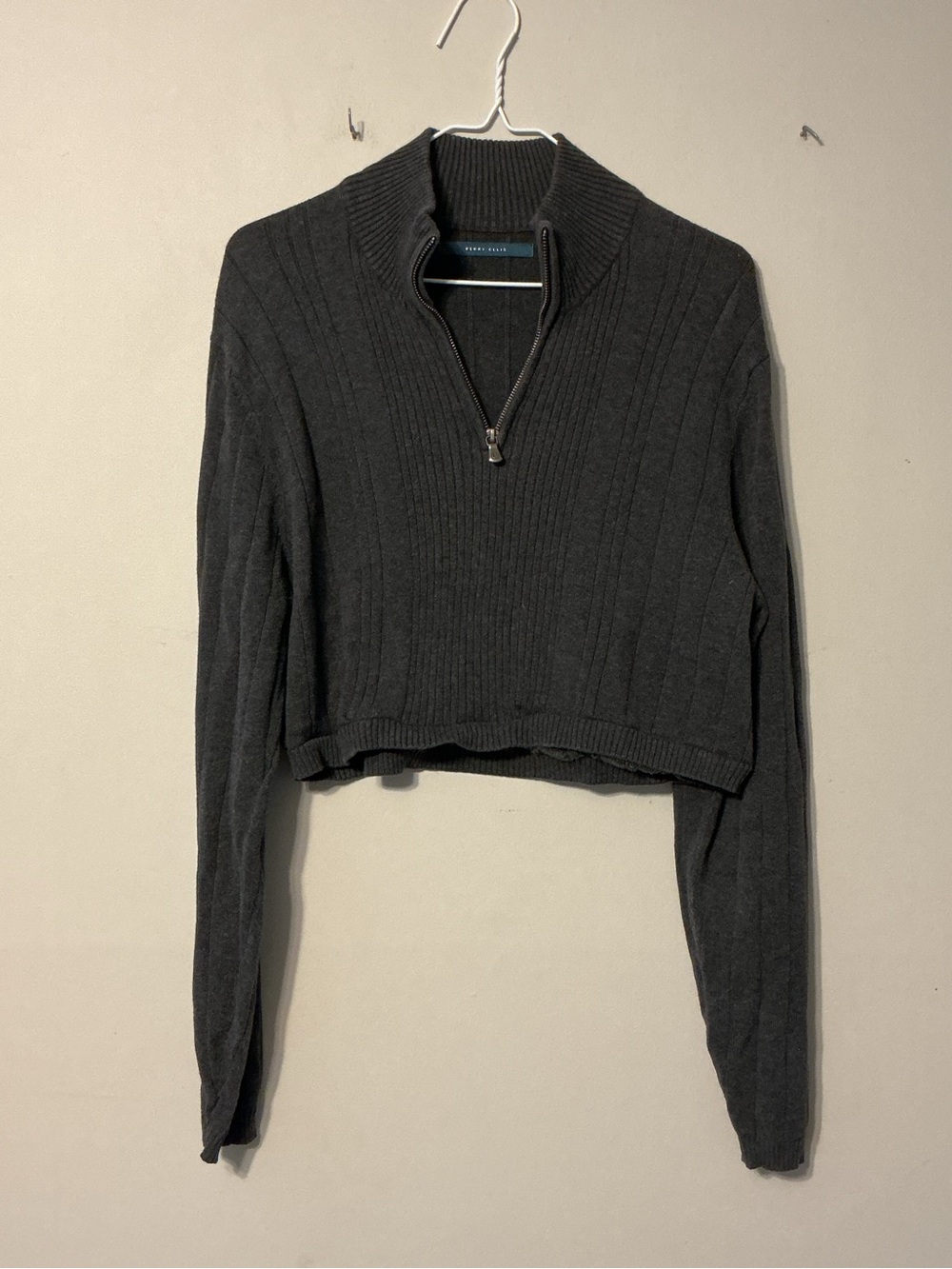 Perry Ellis Charcoal Ribbed Half-Zip Cropped Sweater